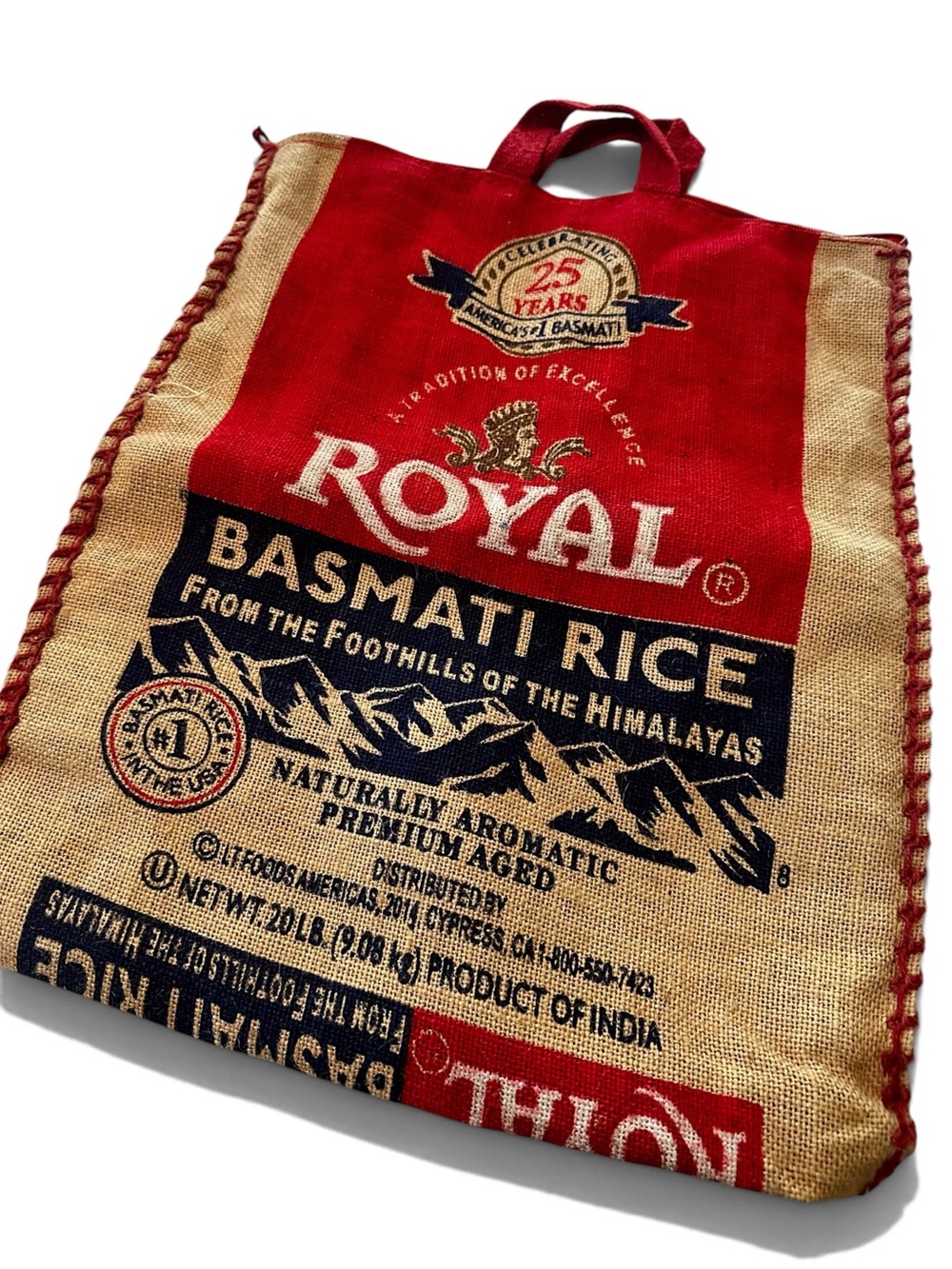 Royal Basmati Rice Burlap Sack Tote Bag Red Repurposed Market Bag